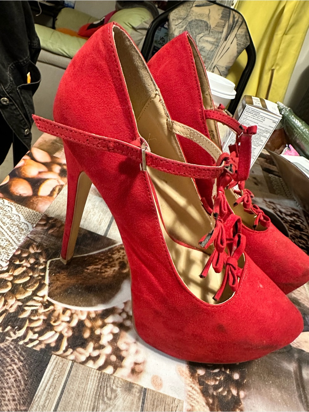 Fashion Nova Red Suede Lace-Up Stiletto Platforms